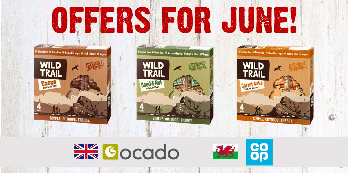 JUNE OFFERS!  Our Wild Trail bars are on sale in <a href="/Ocado/">Ocado</a> (UK) and <a href="/coopukfood/">Old Account</a> (Wales) from today (down to £1.50 per pack)!  Perfect for keeping you energised this summer! #sale #discount #wildtrail #ocado #coop