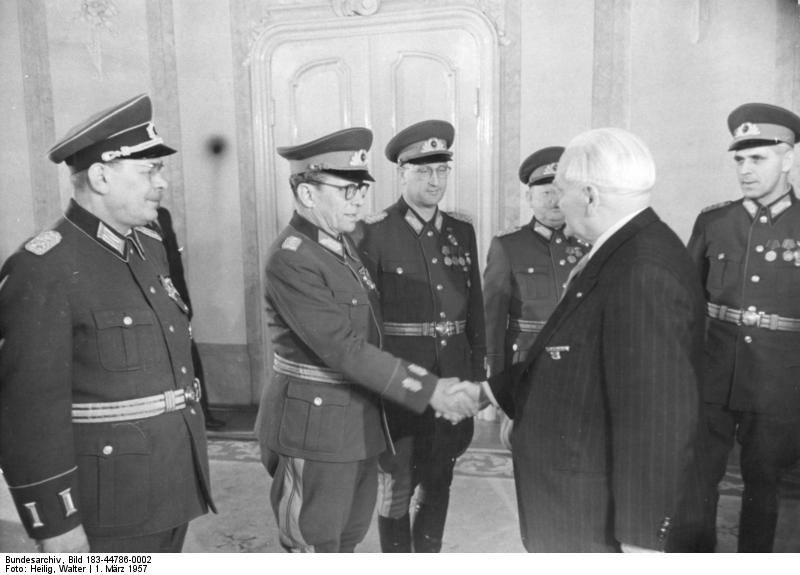 18/ 16 of the leading generals of the GDR had previously served in the Wehrmacht. Vincenz Müller, who served as the last commander of Hitlers XII. Army corps, was a member of the NDPD and became chief of the main staff of the NVA in 1956.  https://www.focus.de/politik/deutschland/nva-aus-braun-mach-rot_aid_162956.html