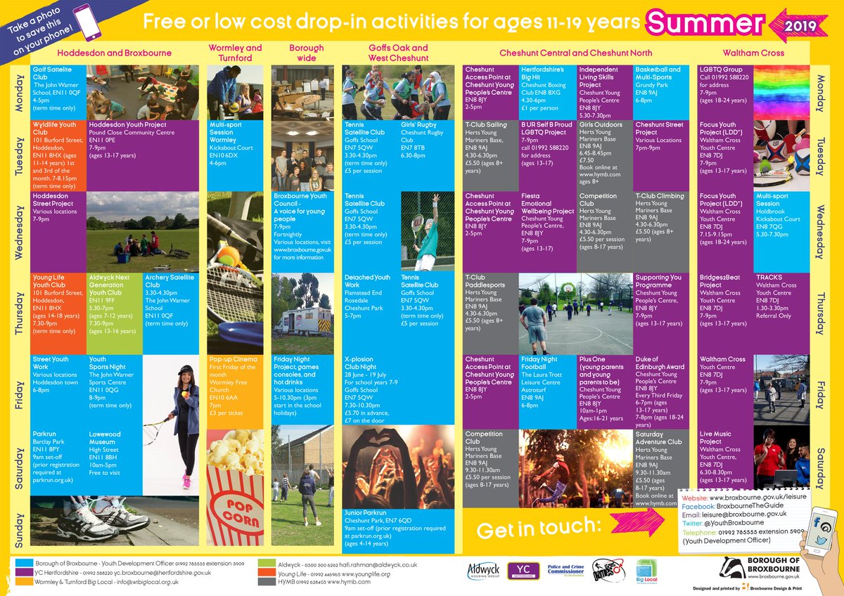 YouthBroxbourne's tweet photo. ☀️☀️It's time to launch our latest edition of the Guide☀️☀️

There's free/low costs activities on every day.
Try out a new sport, join a youth club, dance at Xplosion club night, jog along to our ParkRuns or Join in on a multisport session! How could you be bored? https://t.co/lLaeFONRNd