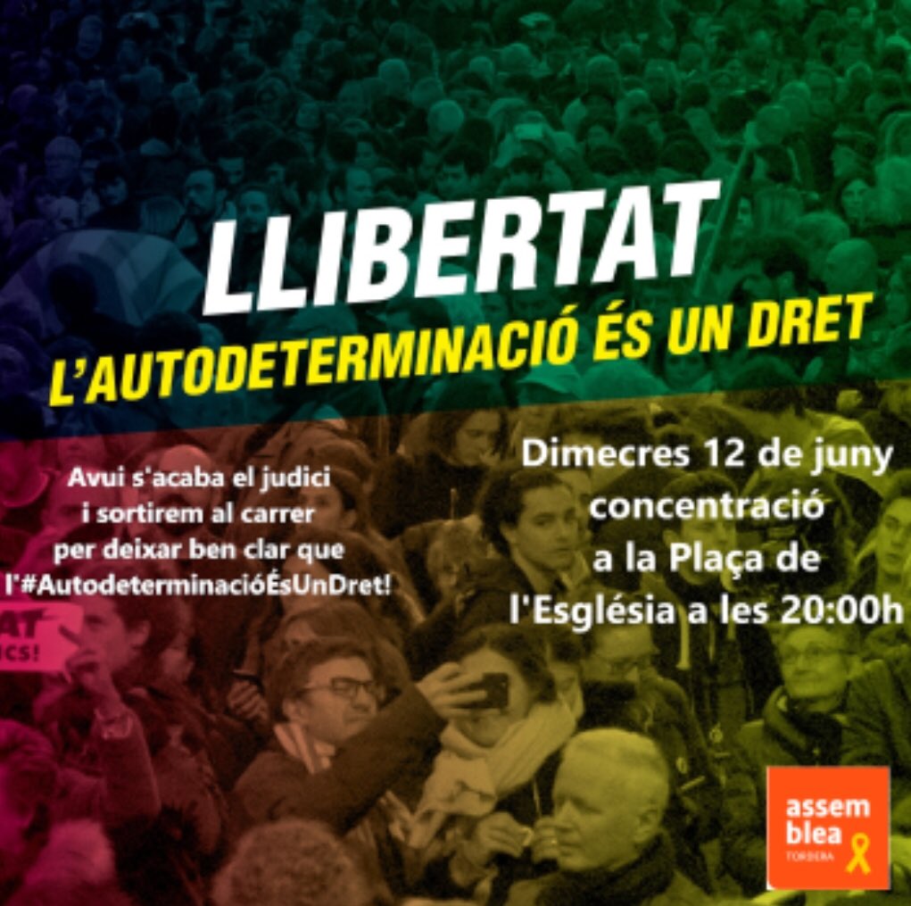 📢📢📢 AVUI, quan acabi el judici a l’1-O, sortirem al carrer per deixar ben clar que l’#AutodeterminacióÉsUnDret!

👉🏻L’ANC de #Tordera convoca concentració al poble‼️

🗓 Dimecres, 12 de juny
🕗 20h
📍 Plaça de l'Església de Tordera

Us esperem!
#CapALaIndependència🧭