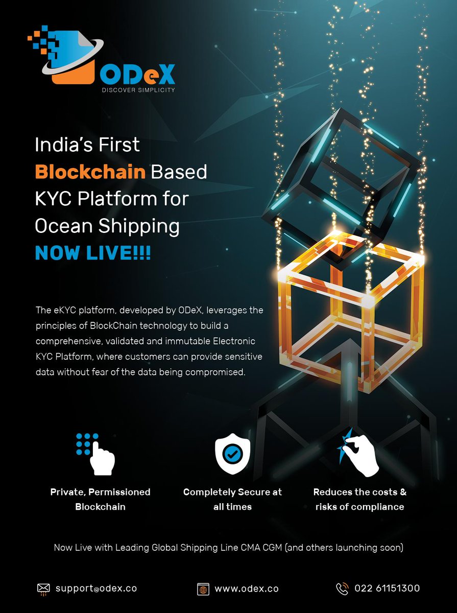 ODeXGlobal's tweet image. India&apos;s First Blockchain Based KYC Platform for Ocean Shipping is now live! Talk to us to know more about how we&apos;re helping the shipping industry get on #blockchain . #blockchaincommunity #ShippingTechnology