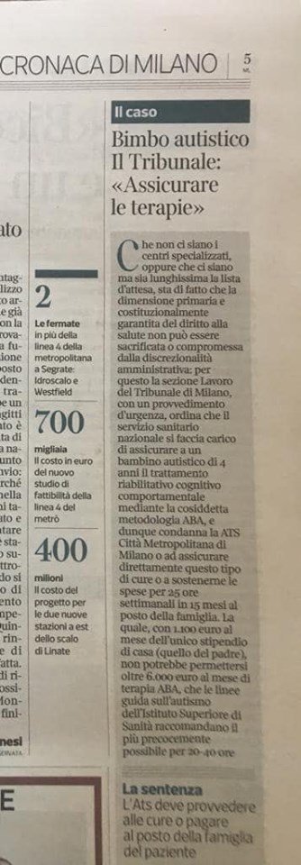Sentenza importante per #autismo in <a href="/RegLombardia/">Regione Lombardia</a> . tribunale di #milano condanna #ats città metropolitana al pagamento dei trattamenti #aba per un bambino autistico di 4 anni. notizia da  <a href="/corrieremilano/">Corriere Milano</a> di oggi