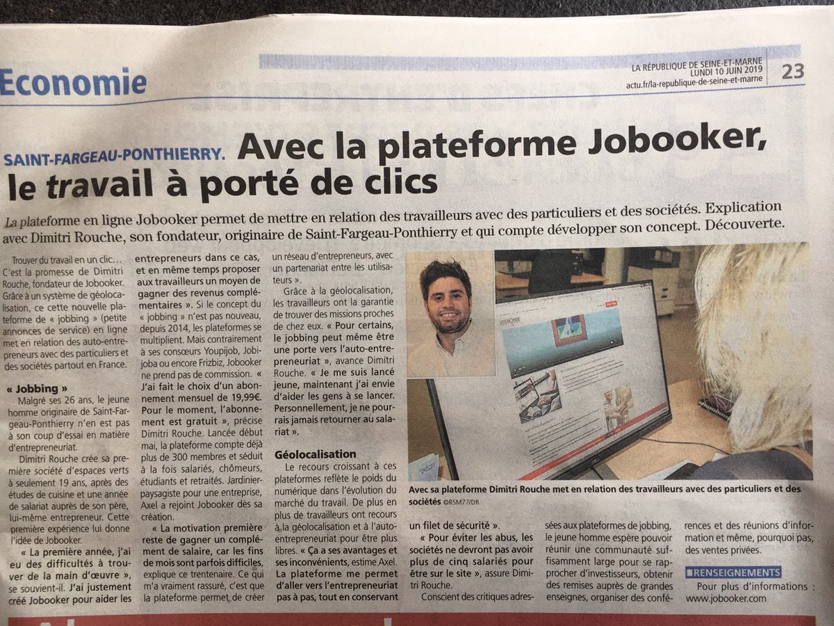 [Actualité] #Economie
Jobooker dans le journal de la République de Seine-et-Marne (10 juin 2019) : "Avec la plateforme Jobooker, le #travail à porté de clics".
#jobbing #Entrepreneur #autoentrepreneurs #service