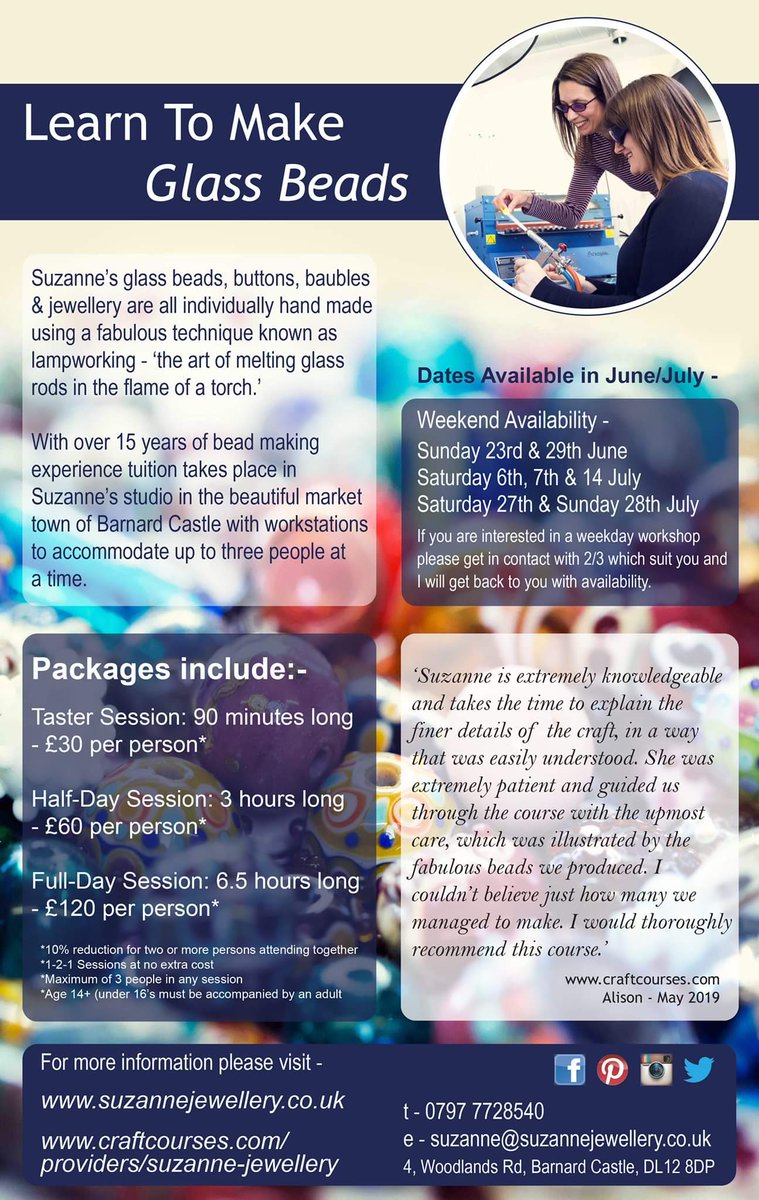 Here is a little bit of information on the different workshops I run as well as a list of the weekends I have available in June &amp; July.

If you would prefer a weekday please get in touch with 2/3 date suitable for you and I will check availability.