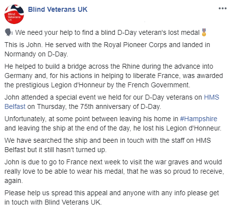 BlindVeterans's tweet image. 📣 We need your help to find a blind D-Day veteran's lost medal🎖️
Let's help John find his Legion d'Honneur!

#dday #dday75 #lostmedal #HMSBelfast #London #Hampshire