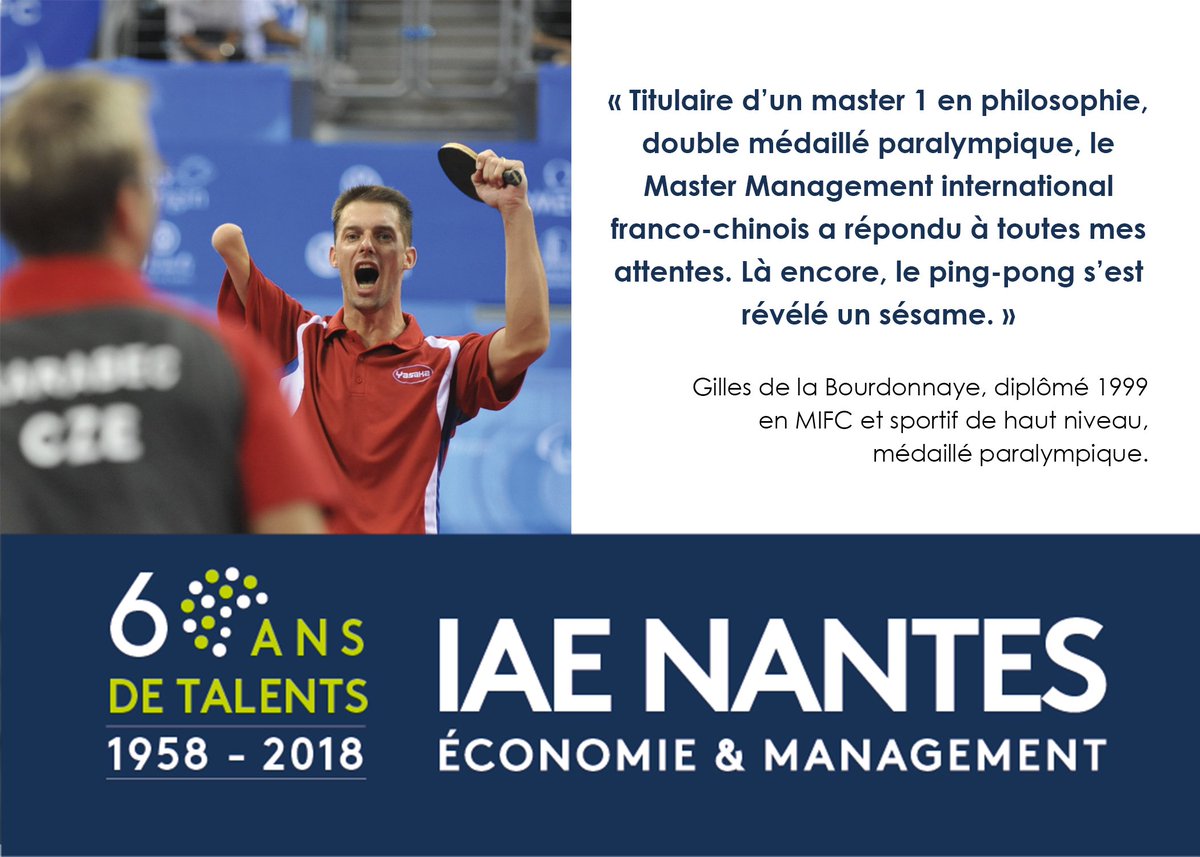 IAEnantes's tweet photo. La vie comme terrain de jeu 🏓 Gilles de la Bourdonnaye, multi-médaillé paralympique, titulaire d'un Master Management international franco-chinois à l'#iaenantes, nous raconte son parcours en France, Chine et Brésil #60ansTalents #FormerSANSformater
https://t.co/SrJXX6n8lP https://t.co/NSgErpv1JE