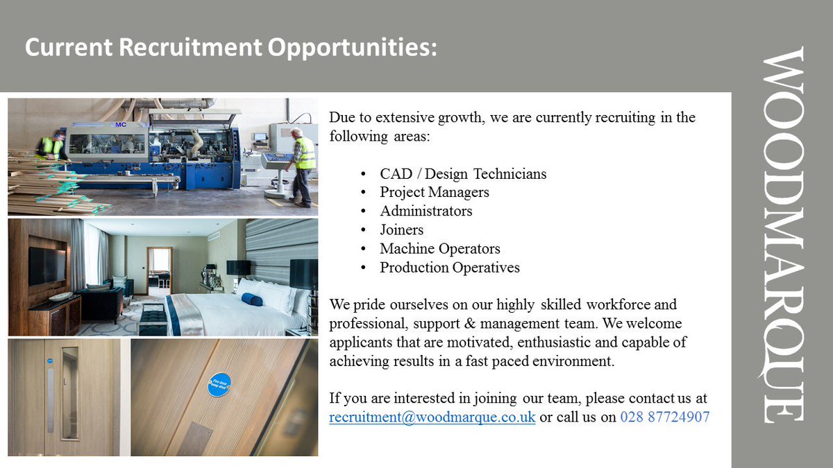 We're Hiring #joinourteam #teamwoodmarque #design #projectmanagement #cad #operators #joiners #manufacturing