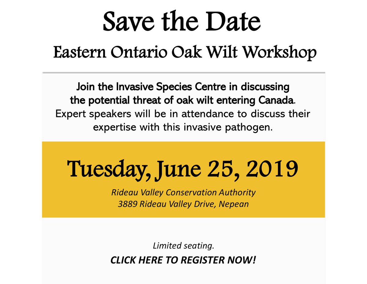 For our members in Eastern Ontario ~ or those who want to travel, the Invasive Species Centre is hosting a WORKSHOP on Oak Wilt.  Note: this is NOT a qualification course; it's information only.    
Tuesday, June 25. Rideau Valley Conservation Authority.
ow.ly/Vm8n50uBRi2