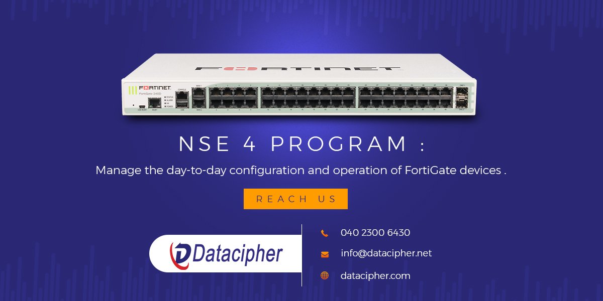 datacipher's tweet image. #NSE4 program: Manage the day-to-day configuration and operation of @FortiGateDevices. Reach us for details ✆ 04023006430 or ✉ info@datacipher.net

Visit us datacipher.com

#FortiGateSecurity #FortinetRouter #FortinetVPN #Fortigate30e #FortinetFirewall #Fortigate60e