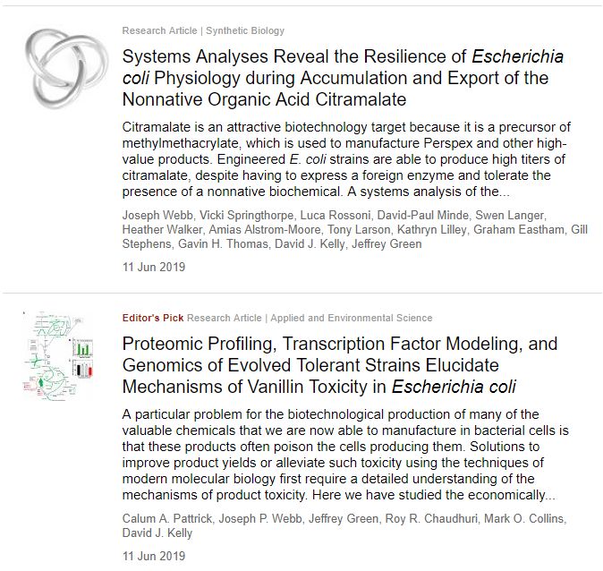 Great day for <a href="/Detox_Project/">Detox Project</a> <a href="/BiologyatYork/">Biology at York</a> as two new papers out in mSphere on cellular responses to citramalate (totally non-toxic) and vanillin (toxic) in E. coli msystems.asm.org/content/4/4/e0… … and msystems.asm.org/content/4/4/e0… … Both led by @JosephWebb11 from @SheffieldMBB <a href="/BBSRC/">Biotechnology and Biological Sciences Research</a>