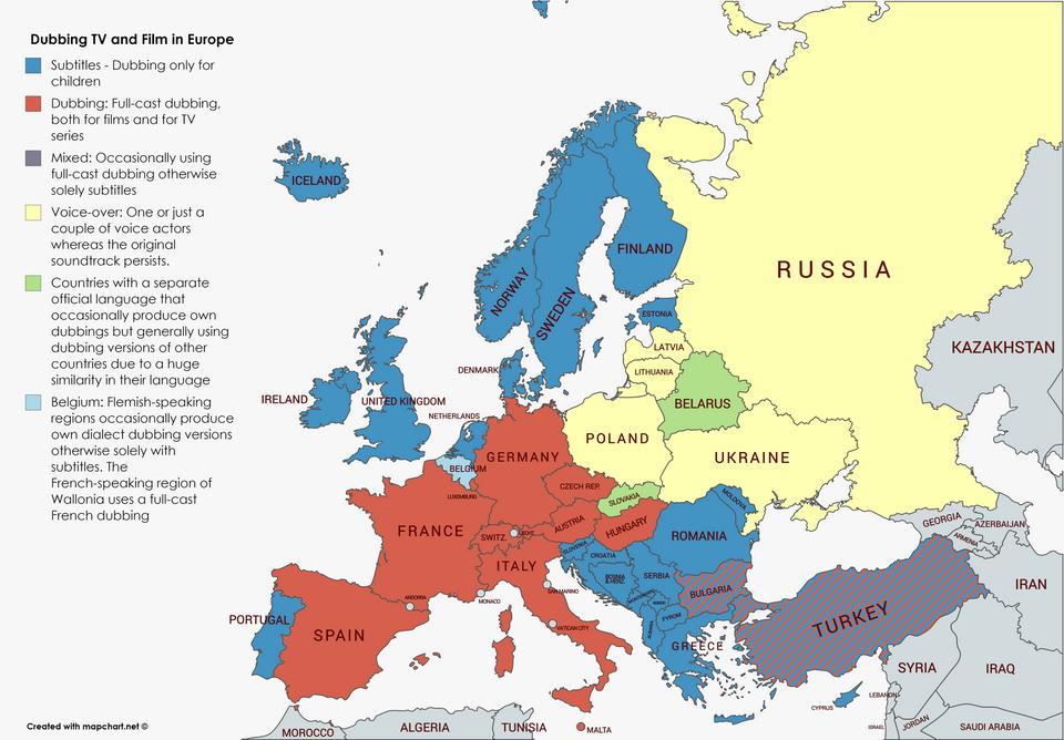 DaveKeating's tweet image. Very interesting map of who dubs and who subtitles in Europe. You can see the direct correlation between this and English proficiency. 

For the blue countries, film &amp;amp; TV serve as a constant English lesson throughout one's life. Lessons in school become practically unnecessary.