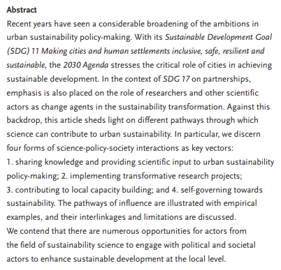 JenniferBansard's tweet photo. New #OA publication out (https://t.co/3CVohfDfId) with T. Hickmann & K. Kern @journal_GAIA on how scientific actors contribute to #SDGs – beyond knowledge production (obvious), we talk transformative research, capacity building & self-governance! #CitiesIPCC #UrbanLab #FlyingLess https://t.co/M1veNgyfi1