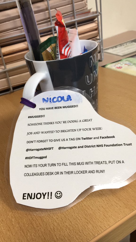 nicolabell25's tweet photo. Look what was waiting for me in the office, thankyou to whoever did this @HarrogateNHSFT #HDFTmugged https://t.co/NkCKzTFTjs