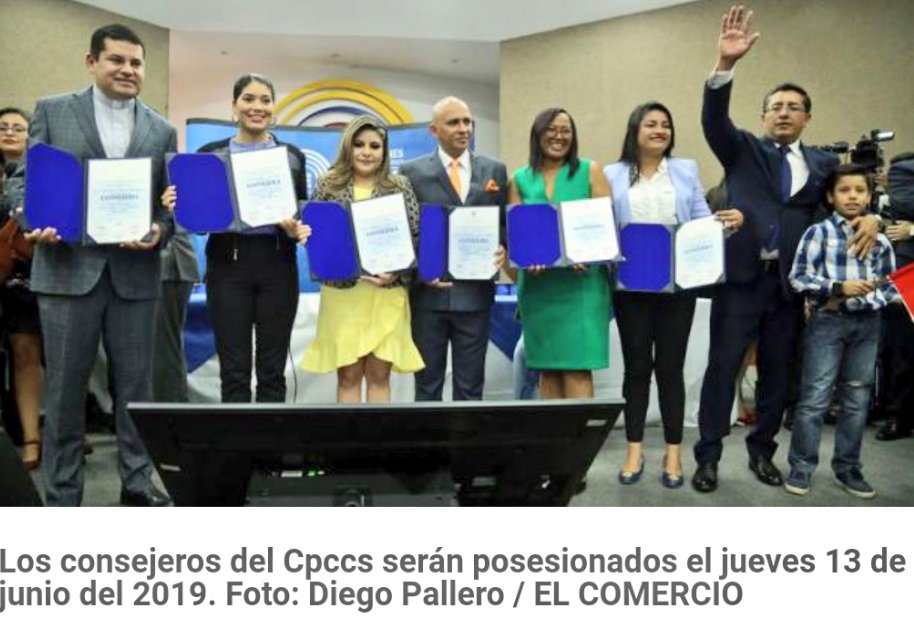 César Litardo, presidente de la Asamblea Nacional anunció que este jueves 13 de junio, a las 08:00, serán posesionadas las nuevas autoridades del <a href="/CPCCS/">Carlos P. Carcelén Caicedo</a>  según la fuente diario El Comercio
@RosaChalaEc asistirá acompañada de representantes de organizaciones sociales del país
