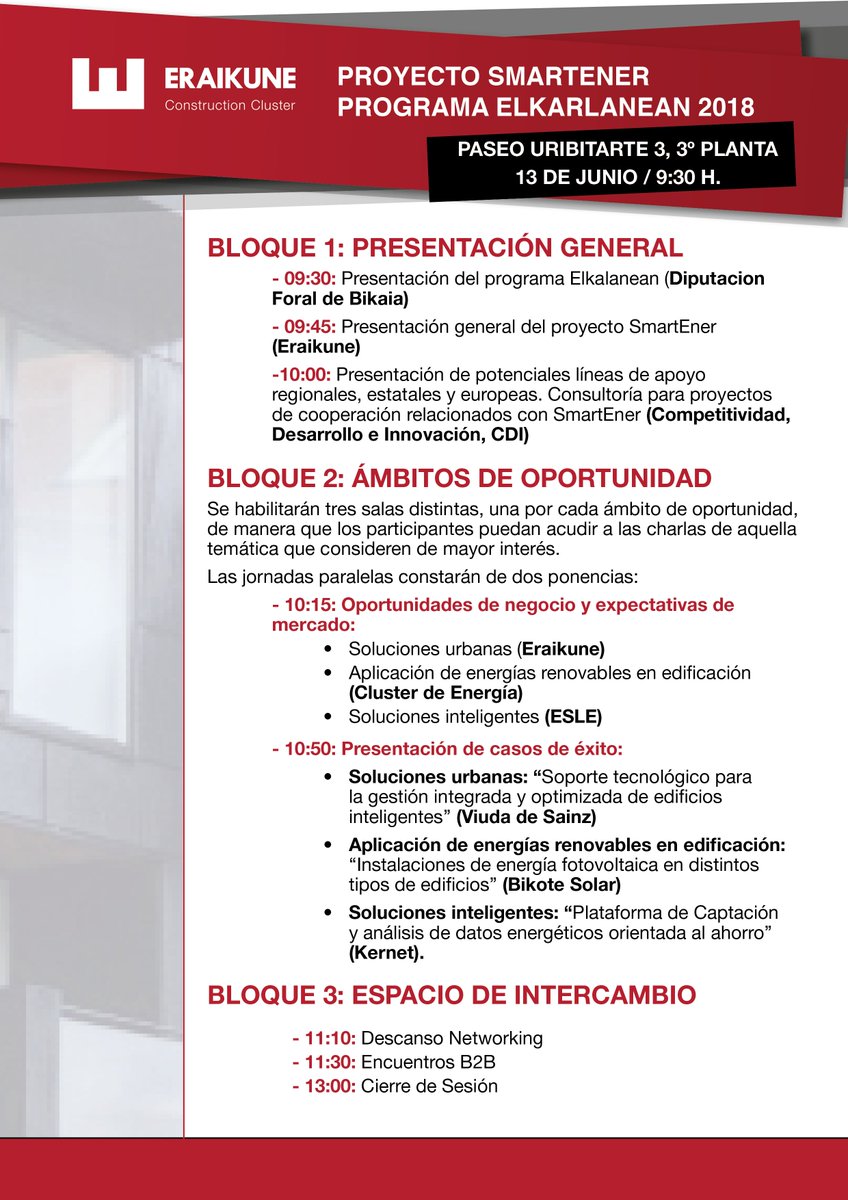 BuildinnCluster's tweet photo. Os dejamos el programa de la jornada de mañana sobre el Proyecto SmartEner que hemos organizado junto a @esletweets y @Cluster_Energia
¡Estáis todos invitados! Podéis inscribiros aquí ➡️ https://t.co/YzV30eqKnf
#ProyectoSmartEner #Jornadaeraikune https://t.co/j3VlLpjeSy
