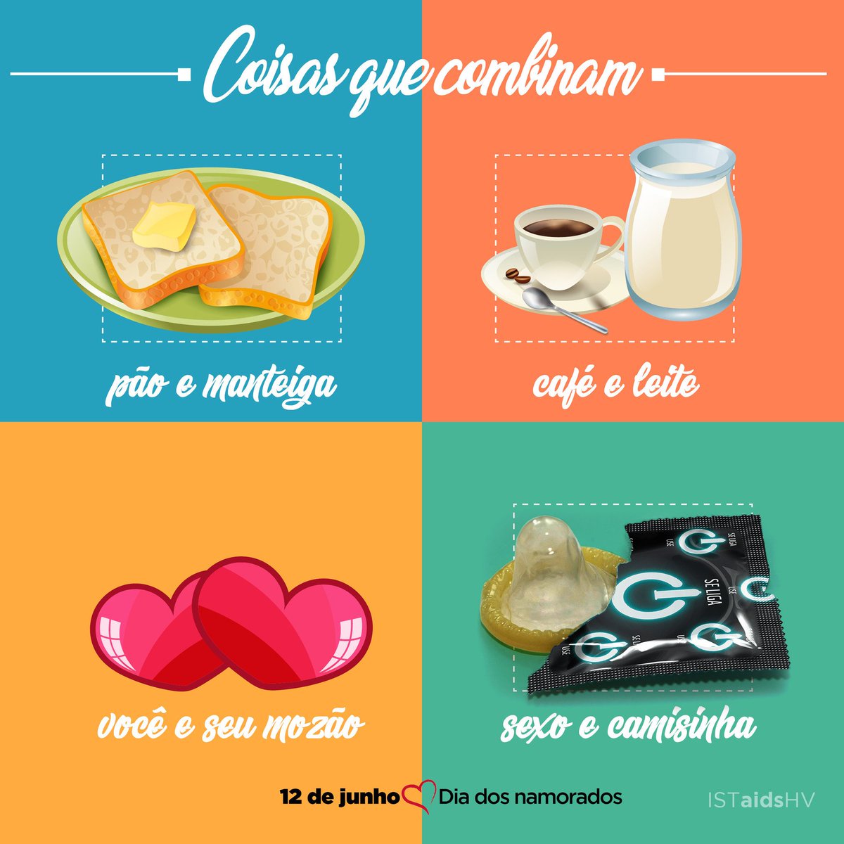Na vida, muitas coisas combinam. Com a prevenção é a mesma coisa: a camisinha é a forma mais simples de se prevenir contra a aids e outras IST, mas não é a única. Também existem o teste de HIV, a PEP a PrEP e o tratamento, entre outros. Escolha seu par e sua forma de prevenção.