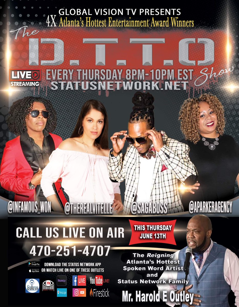 haroldeoutley's tweet photo. I have the pleasure of being a guest on the award winning D.T.T.O Show on Status Network Global Vision TV tomorrow at 8pm.This is possibly going to be a different kind of https://t.co/eI7gvqeGM3 We're gonna have some fun!
#PromoGrind #ImHereForIt #WhoShowNext? https://t.co/q6JmOGu5T2