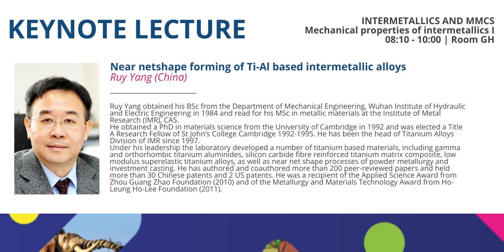 #Titanium2019: Starting in Room G the #mechanical properties of intermetallics session and the keynote lecture: “Near netshape forming of Ti-Al based intermetallic alloys” of Ruy Yang, #China