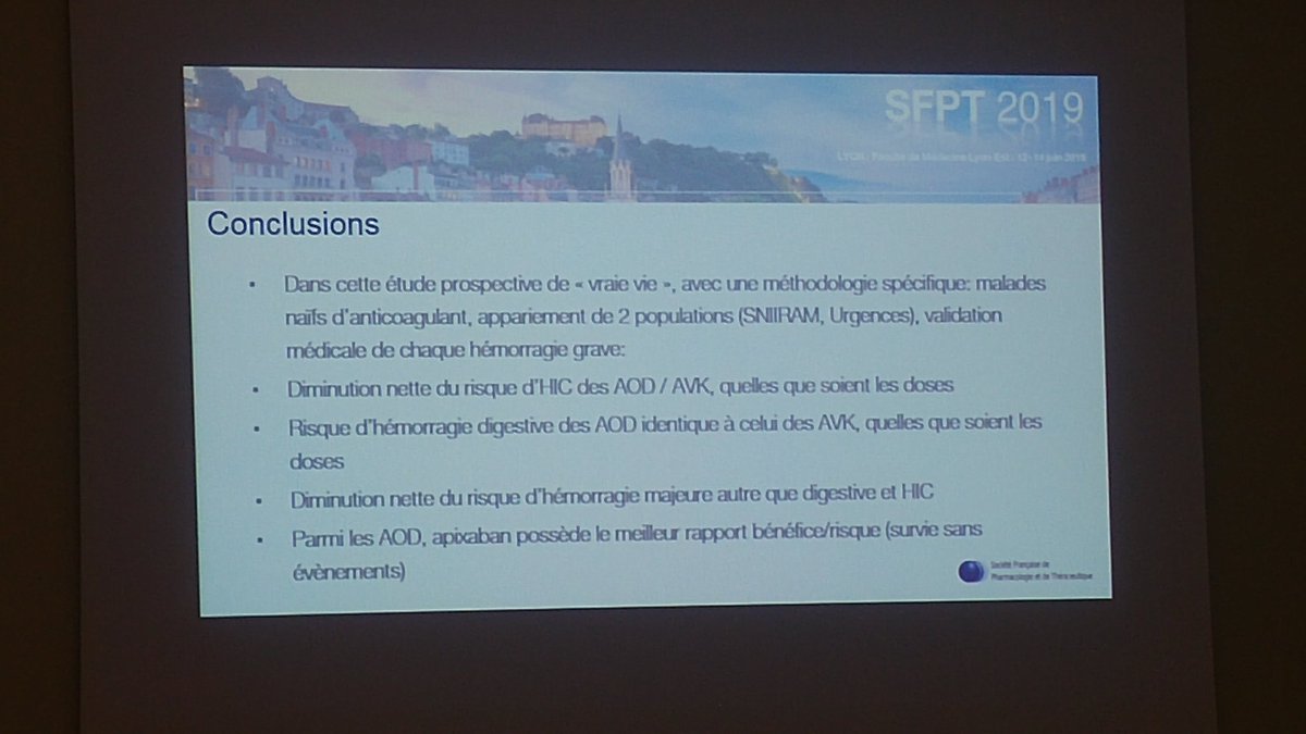 EReperes's tweet photo. [#SFPT2019] le Pr J Bouget présente les résultats de son étude  #SNIIRAM #SNDS sur le risque d'événements hémorragiques entre #AOD et #AVK au congrès français de la Société Française de Pharmacologie et de Thérapeutique  @CommSFPT @BalussonF @LM_Scailteux @CHURennes @UnivRennes1 https://t.co/Vy9W8RTTaZ