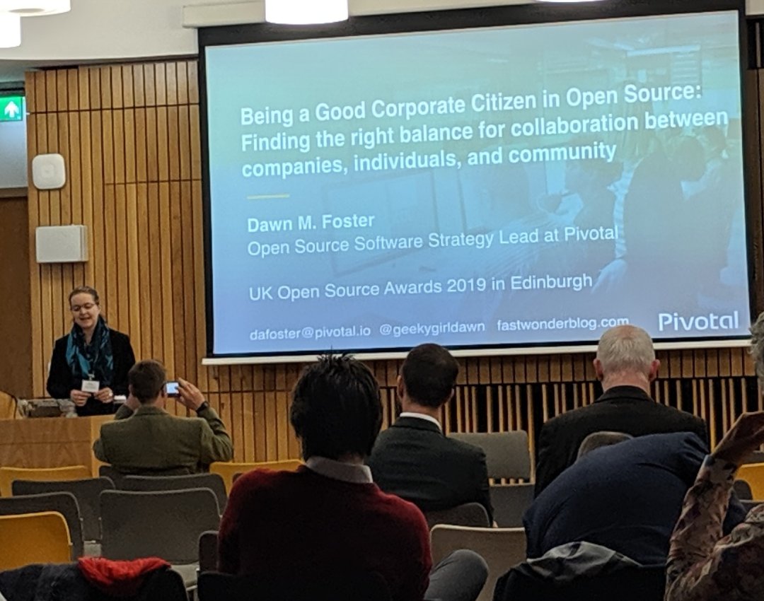 OpenSourceAward's tweet photo. @geekygirldawn speaking about good corporate citizens in #opensource at the #UKOpenSourceAwards #SuiteCRM #ThoughtLeadership #UKOSA https://t.co/1RGBs4BrwI