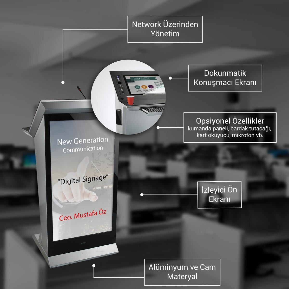 Dijital kürsüler dersliklerdeki projeksiyon, bilgisayar, ses  ve otomasyon sisteminin yönetimini bir network ağı yardımıyla merkezi olarak kontrol etmenize olanak sağlar.
#DijitalKürsü #AkıllıEğitim #Eğitim #Unisign #DigitalSignage