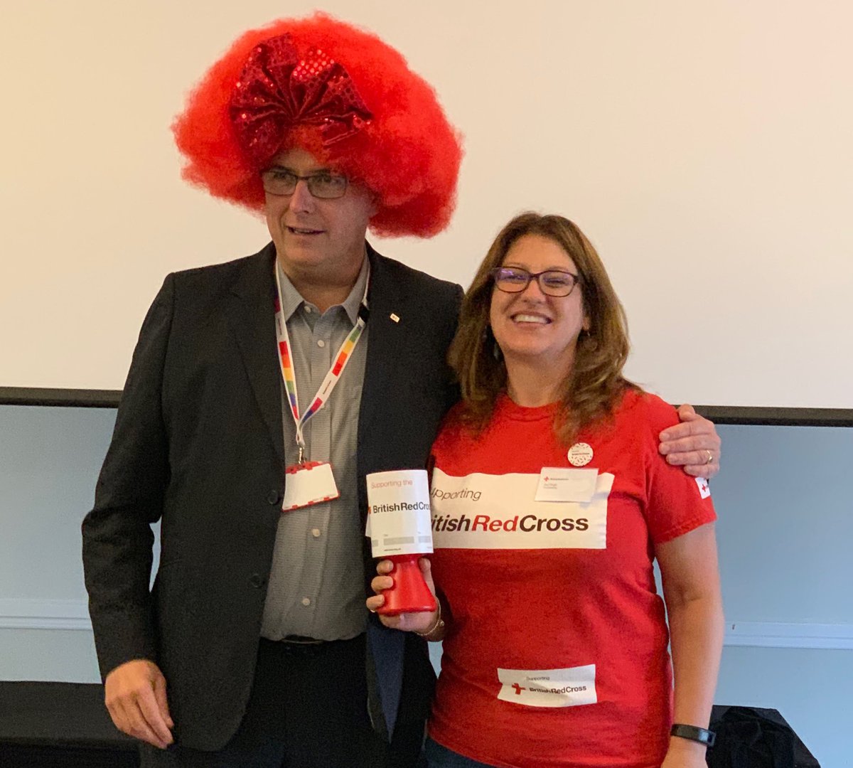 Fantastic, inspirational day with the brilliant ⁦<a href="/BritishRedCross/">British Red Cross 🧡</a>⁩ MAS team at the Frontline Practitioners Conference (who fundraised £45 for Head of Ops Geoff to close the event in this wig 😂😂😂 good man!) #PowerOfKindness #HireAWheelchair