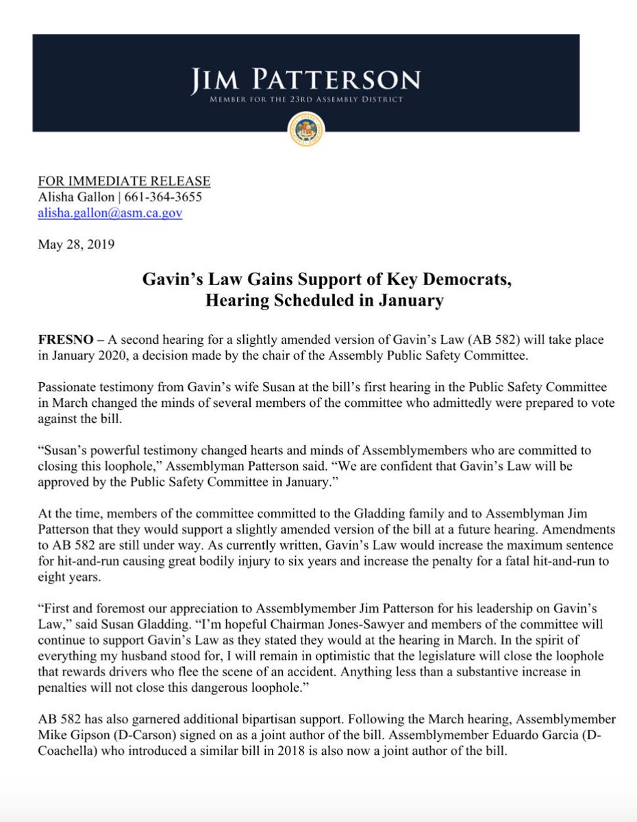 GavinsLaw's tweet photo. Gavin's Law has gained support from key Democrats! A second hearing for Gavin's Law (AB 582) will be held in January 2020. Let's keep fighting for change! #GavinsLaw #AB582 #GladdingStrong https://t.co/41wAXD43yL
