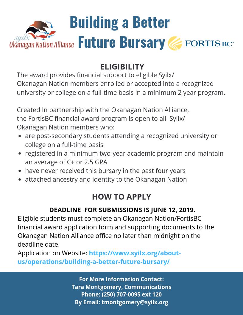 Okanagannation's tweet photo. Just a friendly reminder that the "Building a Better Future Bursary" closes today. Make sure to get your application in no later than midnight today. 
Follow link for application and for more info: https://t.co/EviwyarxfY https://t.co/nsn4XYfnQI
