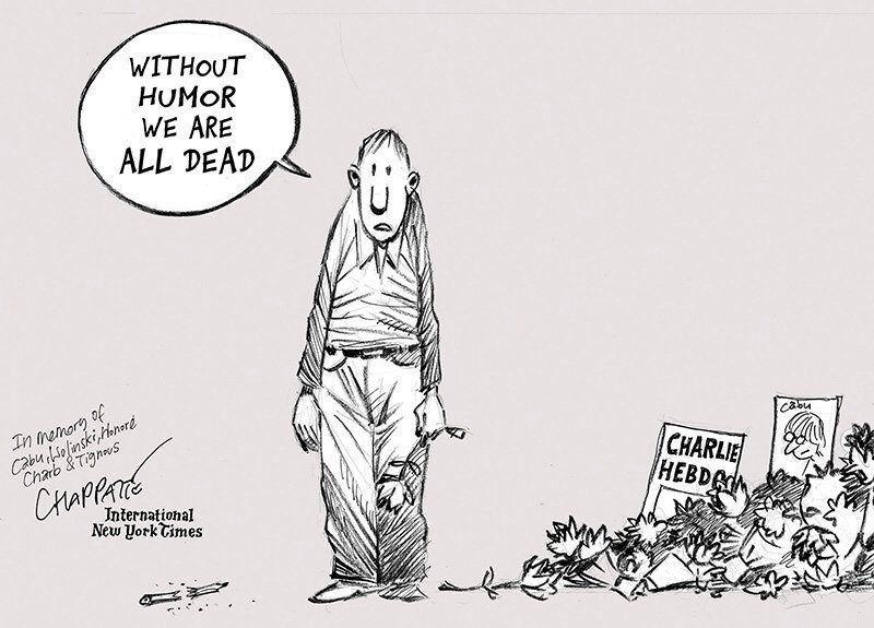 forges's tweet photo. La edición internacional del ‘New York Times’ prescinde de sus dos dibujantes. Como dice esta viñeta de @PatChappatte, uno de los despedidos, “sin humor estamos todos muertos” https://t.co/qIJ4tfzPeL