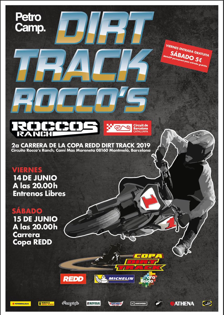 ¡Llega la 2a CARRERA de la @coparedd! Los mejores pilotos de DirtTrack de Europa se reúnen en un fin de semana especial como es el del Gran Premi de MotoGP de Catalunya.
🏁 Sábado 15 de Junio a partir de las 20h
📍En las instalaciones de <a href="/roccosranch/">Roccos Ranch</a>
🍔Con servicio foodtruck
