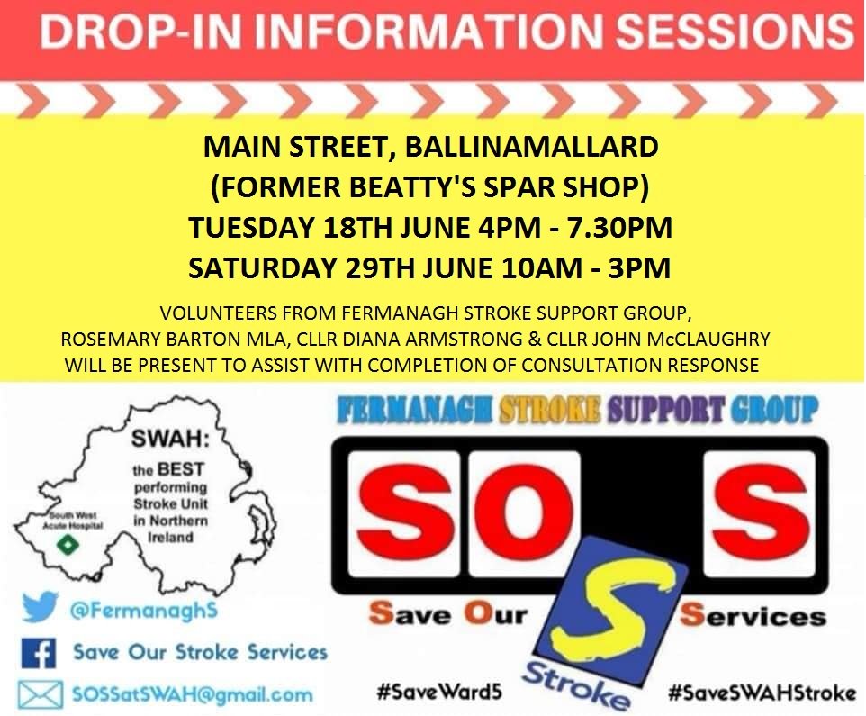 barton_uup's tweet image. Support the SWAH Stroke Unit. Help is available to complete the consultation questionnaire.
If possible please attend the public consultation on Wednesday 19th June at 7pm in Killyhevlin Hotel.