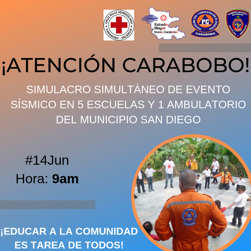 #ATENCION Con el propósito de educar a la comunidad, este #14Jun llevaremos a cabo simulacro simultáneo en 5 planteles educativos y 1 ambulatorio del mcpio San Diego #EducarEsPrevenir <a href="/CaraboboGB/">Gobierno de Carabobo</a> <a href="/sismocarabobo/">sismocarabobo</a> <a href="/Jacobo_Vidarte/">Jacobo Vidarte Donaire</a> @bomberocarabobo <a href="/rubendarioreina/">ruben dario reina</a> <a href="/yoel_bracho/">yoel_bracho</a>