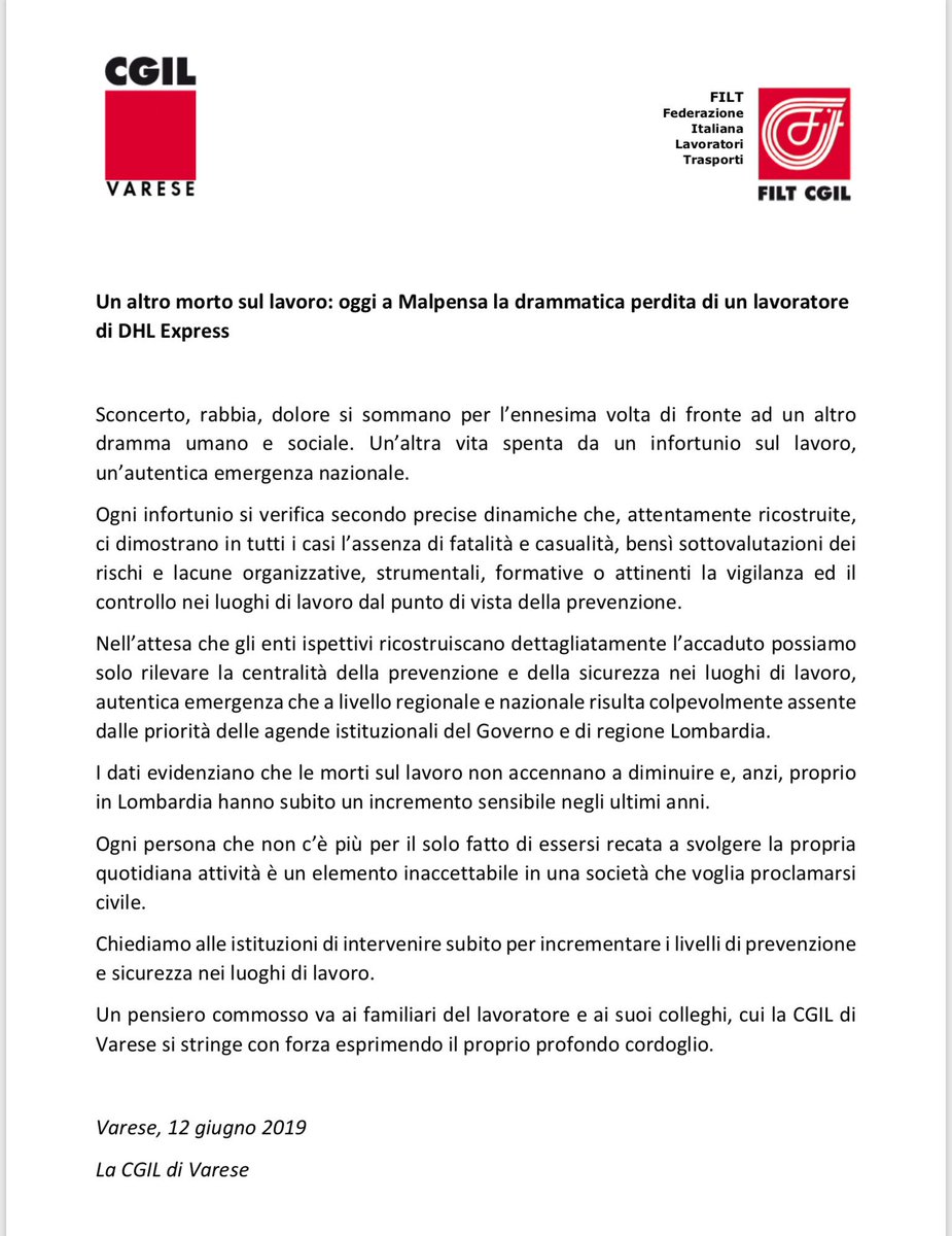 Il nostro comunicato stampa riguardo  la tragica morte sul lavoro di questa mattina dell’Operaio al T2 di Malpensa.