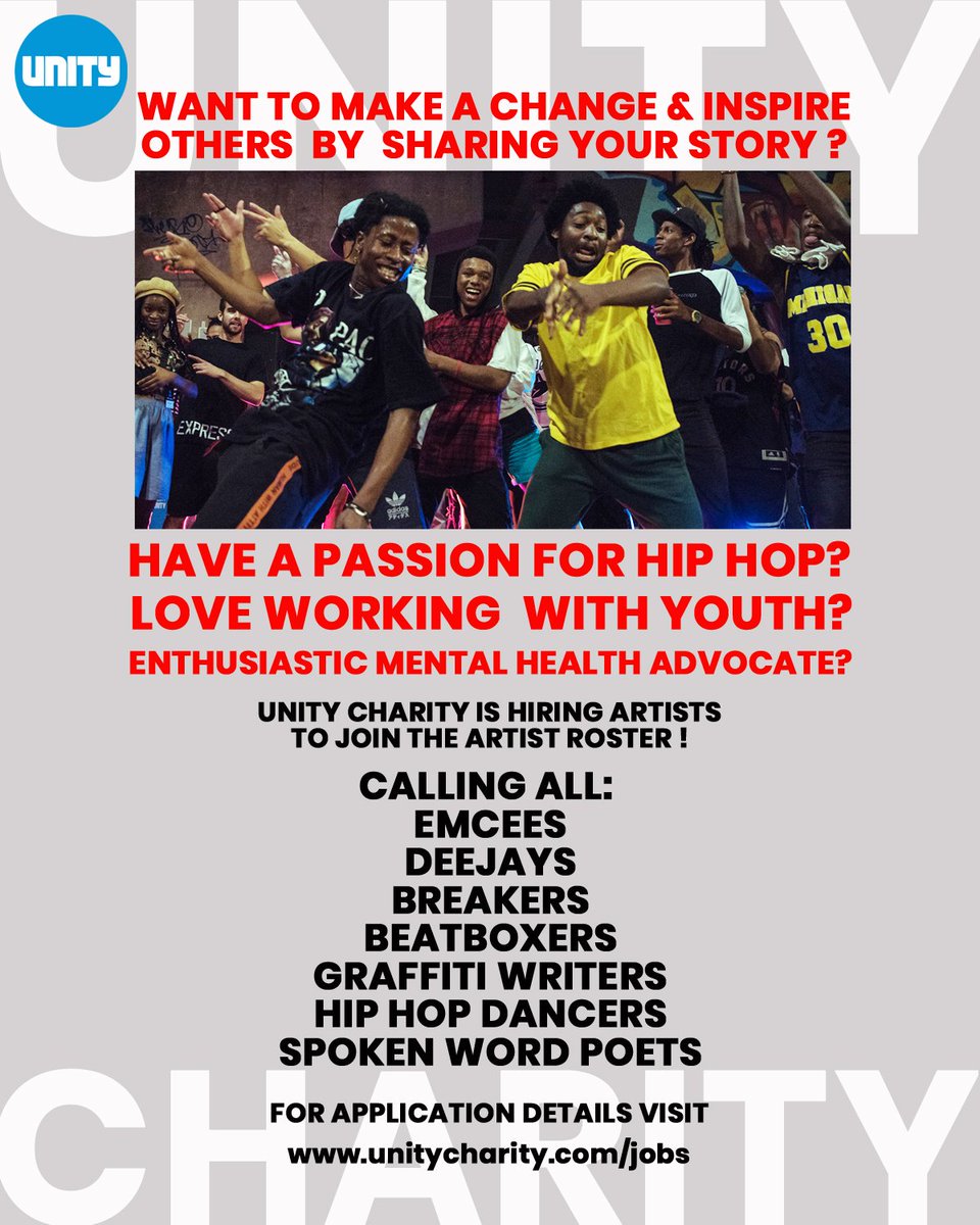 Attention #hiphop artists in #NovaScotia! Unity is hiring Artist Educators for youth programs in the Halifax area. Get your application in before Wednesday, June 19th! Visit unitycharity.com/jobs for details.