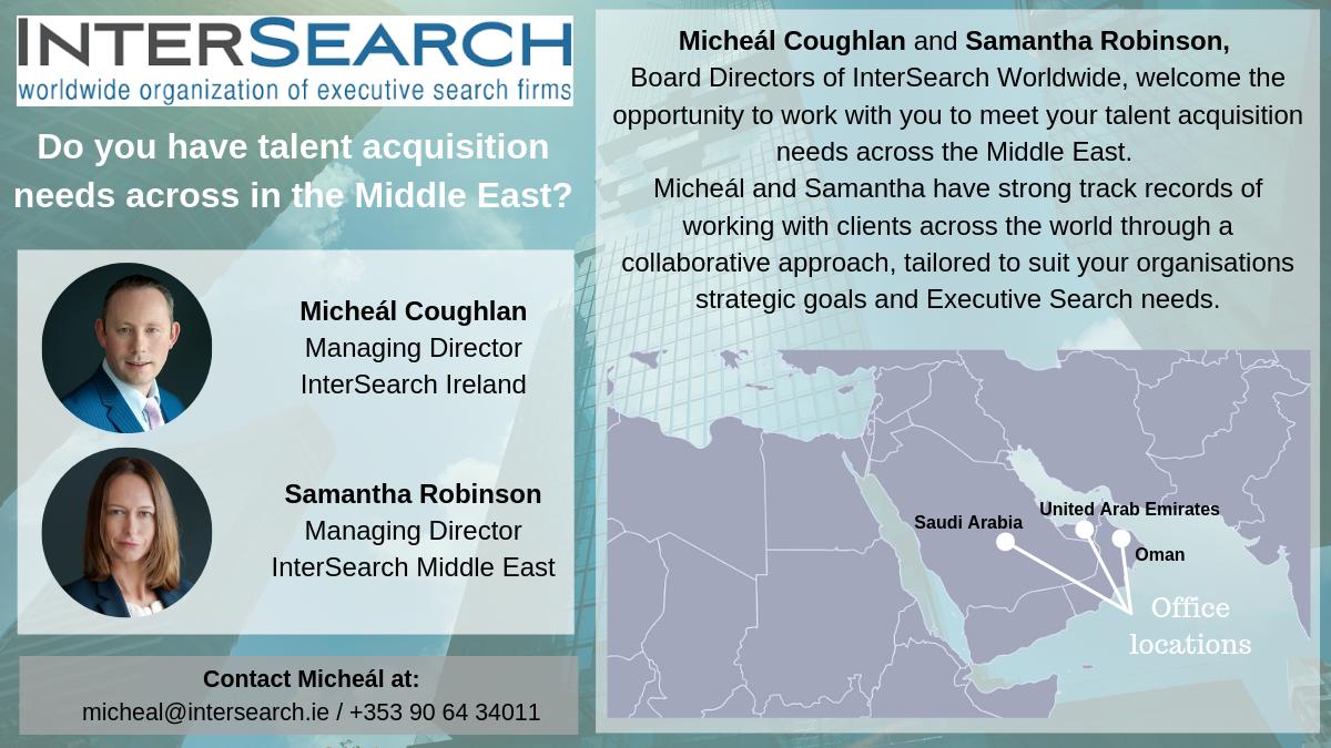 InterSearchIE's tweet image. Micheál Coughlan and Samantha Robinson would be delighted to work with you and your organisation to solve the #recruitment challenges you may be facing. Get in touch today to hear more about the #InterSearch international recruitment process. 

@InterSearch_ORG @InterSearchME