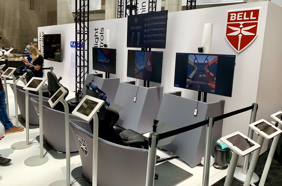 Neat highlight at #UberElevate: <a href="/BellFlight/">Bell</a> has a few simulators variants of its proposed pilot-aircraft interface. They also have a survey to assess pilot workload as part of its Human Factors analysis. 🕹 #UberElevate