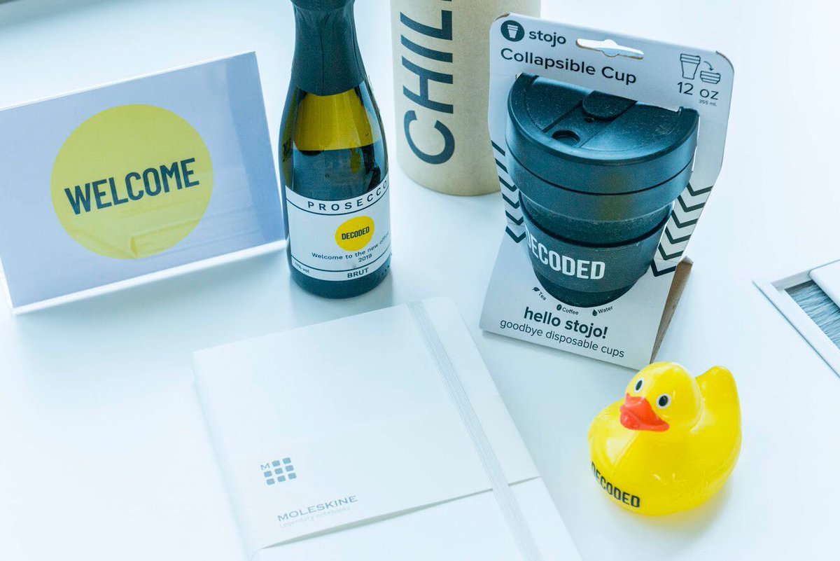 What office swag does your employer gift you! We are loving our new merch from <a href="/Chillysbottles/">Chilly's</a> <a href="/moleskine/">Moleskine</a> and <a href="/stojoco/">Stojo</a> #techemployer #officemerchandise #decodedmerch