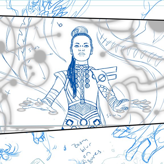Shuri! WAR OF THE REALMS #4 process shots, from my rough to @COLORnMATT's colors. 