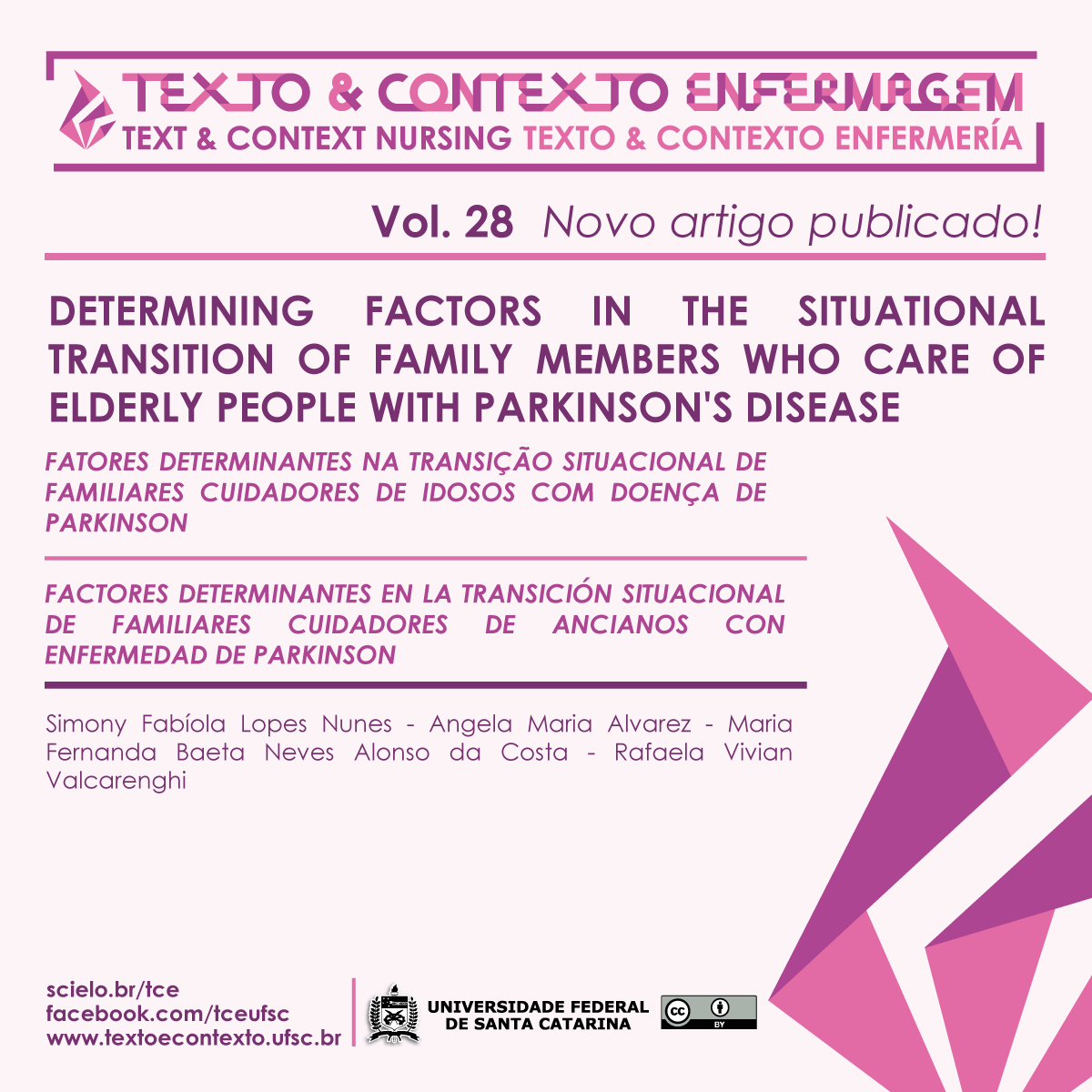 ContextoTexto's tweet photo. FATORES DETERMINANTES NA TRANSIÇÃO SITUACIONAL DE FAMILIARES CUIDADORES DE IDOSOS COM DOENÇA DE PARKINSON
https://t.co/hOPM6jD4Eo
#doençadeParkinson #saúdedoidoso #família #cuidadores #enfermagem
#ufsc #RedEdit https://t.co/2sBjmj5Chb