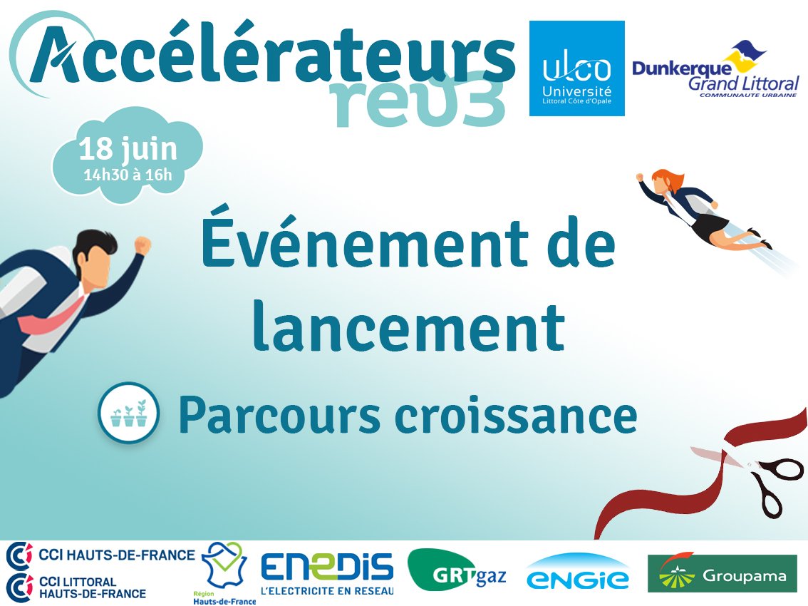 1⃣8⃣juin
Venez assister au lancement de l'#accélérateurrev3, parcours croissance de l'<a href="/ULCO_Univ/">ULCO (officiel)</a> et de la Communauté urbaine de   Dunkerque Grand Littoral
Vous y découvrirez les entreprises retenus ainsi que les enjeux d'un #accélérateurrev3 🚀
M'inscrire &gt;rev3.fr/event/lancemen…