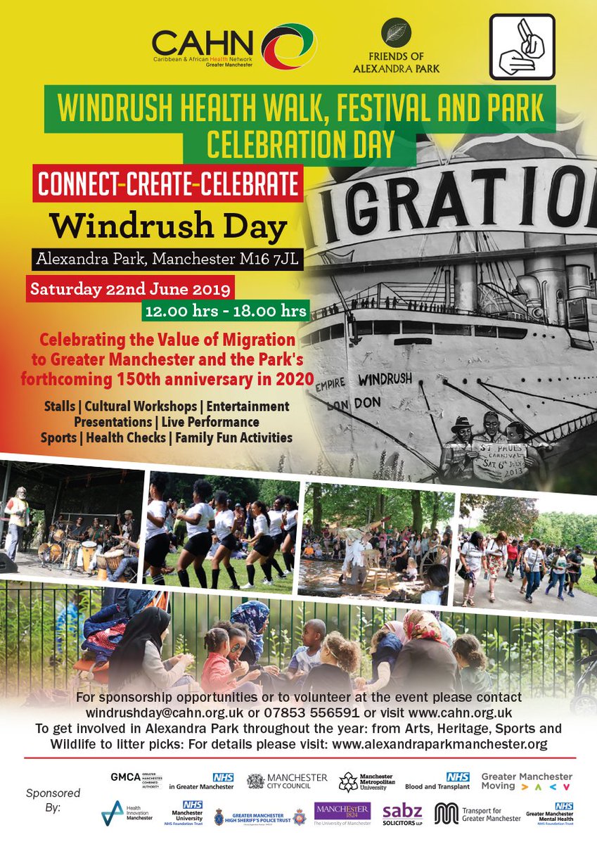 cahn_uk's tweet image. #Countdown until this years #WindrushDay2019 #Event 22nd June 2019 @AlexParkMCR 12:00-18:00 @buzzmanc come along to #celebrate #migration and the #parks 149th year. #Food #Stalls #Music #Sports #Dance #Performances #football #Dominos #healthchecks we look forward to seeing you!