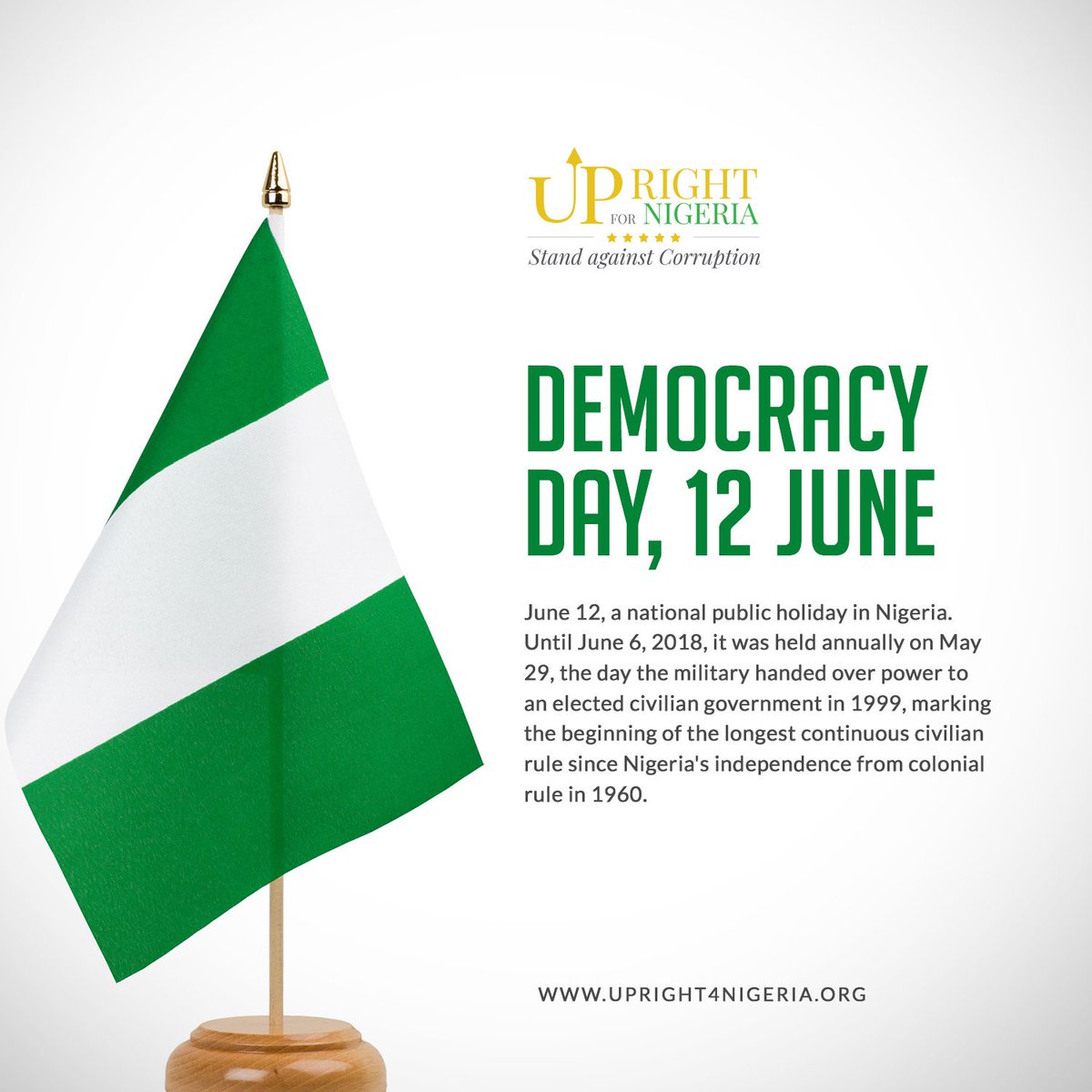 Upright4Nigeria's tweet photo. On #DemocracyDay, let us be reminded as #Nigerians that there is no democracy without #CitizensInAction. Engagement is thus both a right and a responsibility of citizens in establishing, developing and sustaining democracy. Happy #DemocracyDay2019. Stand #Upright4Nigeria https://t.co/awmRZcBOW8
