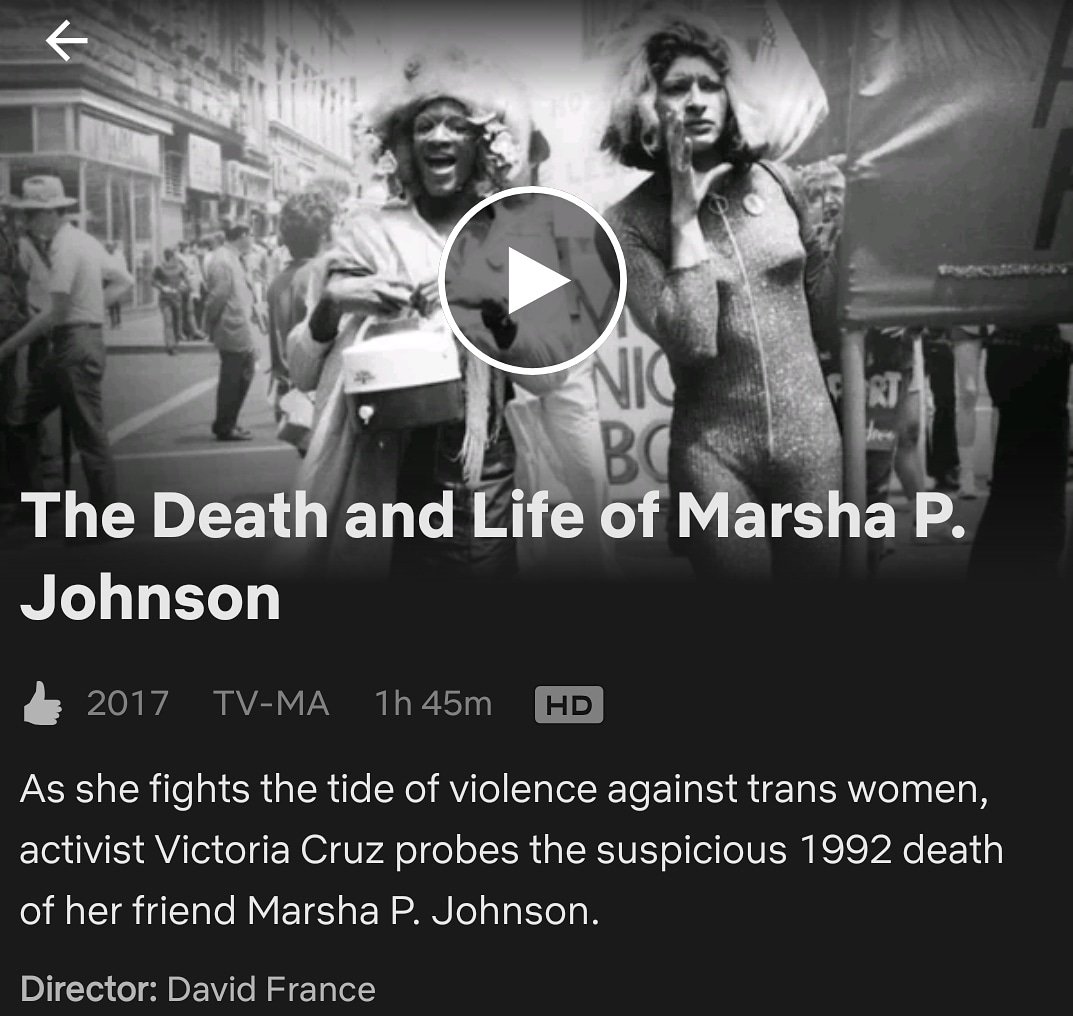 FruitLoopsPod's tweet photo. Get your life together and Watch The Death And Life Of Marsha P. Johnson on Netflix. She fought for trans rights and her death was brished under the rug. The P in her name stands for Pay them No Mind  #lgbtqia #qtpoc #pridemonth #reasonfortheseason #paythemnomind https://t.co/hvt1WeHcOm