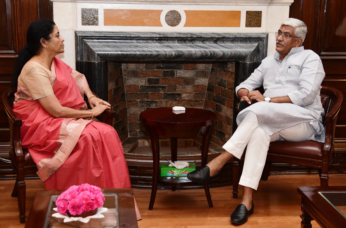 Shri Gajendra Singh Shekhawat <a href="/gssjodhpur/">Gajendra Singh Shekhawat</a> Minister of Jal Shakti called on the Union Minister of Finance &amp; Corporate Affairs, Smt. Nirmala Sitharaman <a href="/nsitharaman/">Nirmala Sitharaman</a> in her office in North Block in New Delhi today :