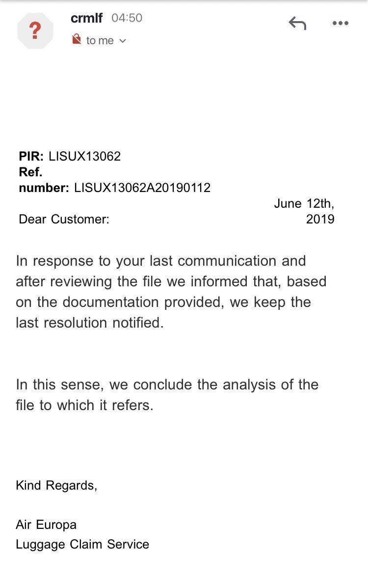 Sam_Applebee's tweet photo. @AirEuropa Why is it called a luggage claim service if you refuse to engage with claims? 2nd time I’ve had this email 😠 €500 compensation is not sufficient for £4,000 lost luggage. You are required to do more under the Montreal Convention 1999. Why are you not complying with the law? https://t.co/FHNGSQSQaV