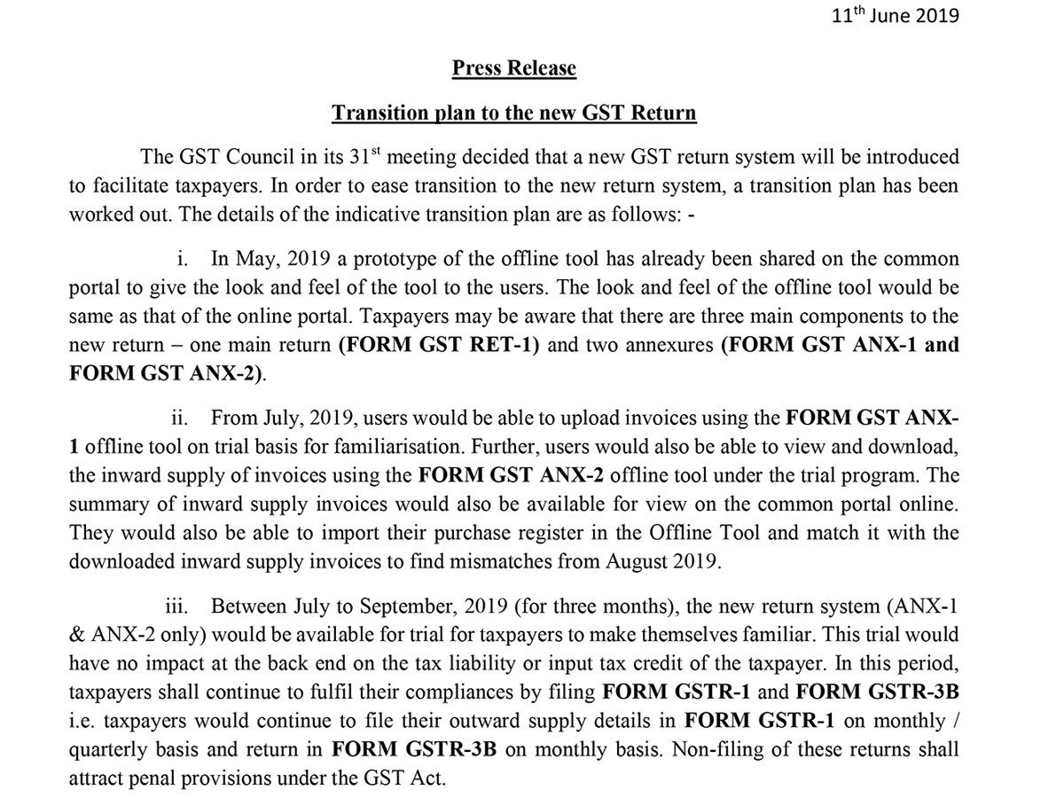 SagInfoTech's tweet photo. From July 2019 the taxpayers will be introduced with a new return filing system consisting of three components one main return RET-1 and two annexures (ANX-1 & ANX-2).
Get more information: https://t.co/IE0xm78zjY
#GST #GSTCouncil #RET1 #ANX1 #ANX2 #Return #Form https://t.co/7aioqAvtDu