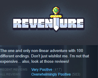 Pixelatto's tweet photo. We're pleased to announce that #Reventure has just reached 500 reviews on it's first week and now has unlocked the legendary "Overwhelmingly Positive" rating.

Thanks SO much, heroes. You're the best!

https://t.co/R0zVTIP9i9 https://t.co/o4n8uQggWt