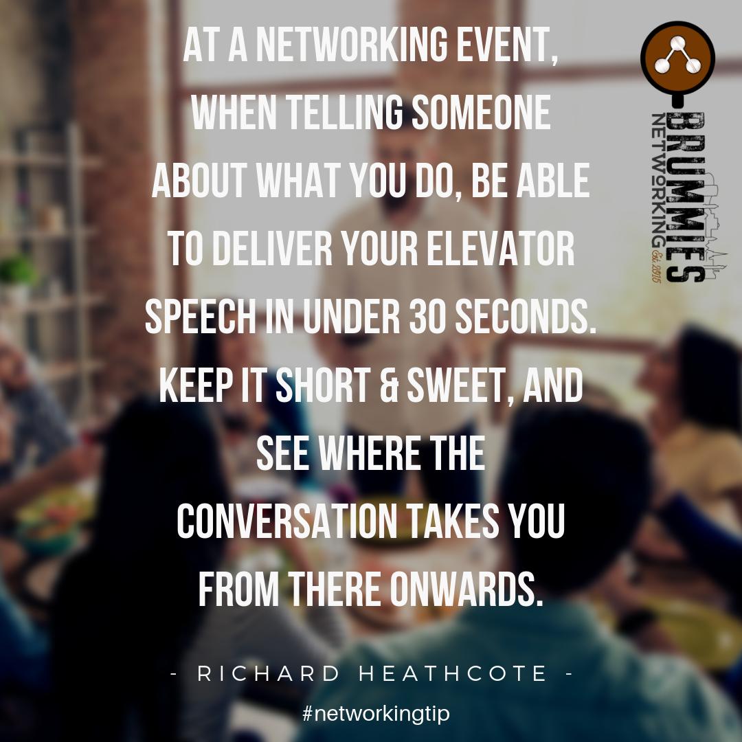 brummiesnet's tweet photo. #networkingtip When networking, it's good practice to hone down your elevator speech when someone asks the immortal question "so what do you do?" - keep it brief, and see where the convo takes you. Be mindful of keeping equal conversation time. #businessnetworking https://t.co/8VFlYqfSaC