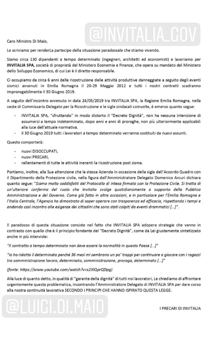 PInvitalia's tweet photo. @ilmanifesto ecco la nostra comunicazione al Ministro Di Maio per chiedere di gestire la situazione dei lavoratori di #invitalia società del #mef https://t.co/VdKRQymPc6