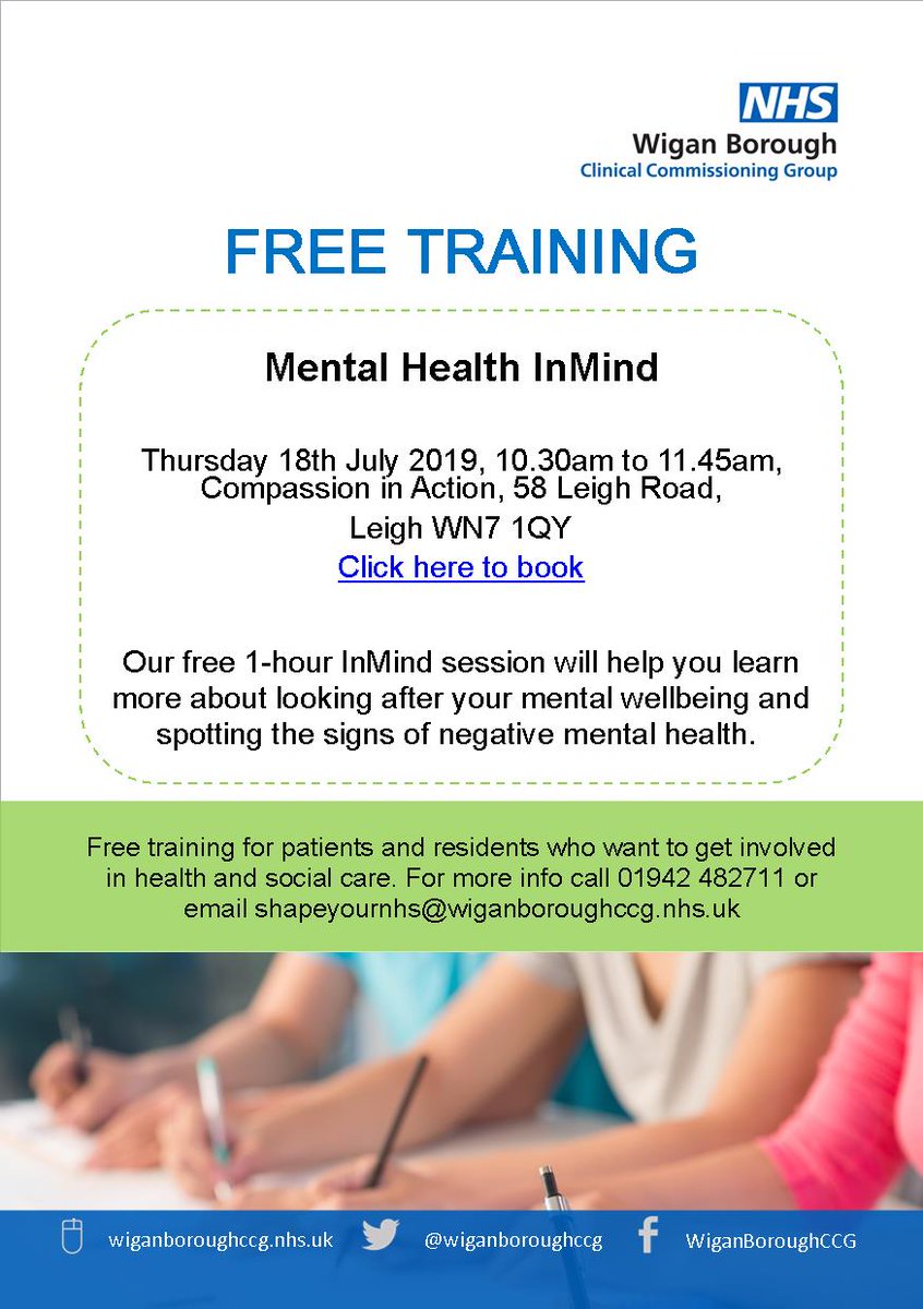 Healthier_Wigan's tweet photo. FREE Mental Health InMind training session 18th July Leigh. For anyone who wants to know how to look after mental wellbeing and spot the signs of negative mental health. Click here to book - https://t.co/NNBpm3gfL8 #GetInvolved https://t.co/gEBzocx2cY